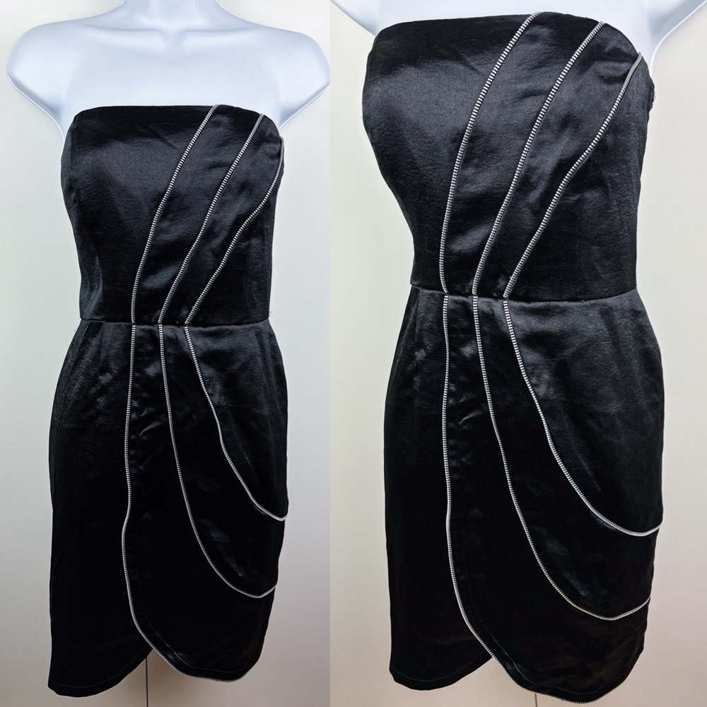Y2K Black Satin Zipper Trim Strapless Mini Cocktail Club Dress Vintage La Belle